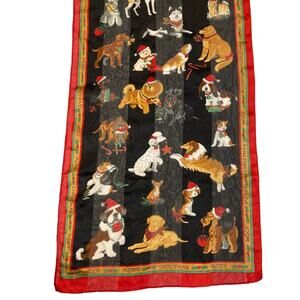 BASHA Scarf 58x13” ITALY Graphic Dog”Merry Christmas Woof”Red Black Brown Multi